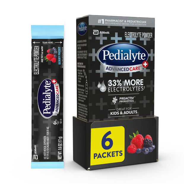 Pedialyte AdvancedCare Plus Electrolyte Powder, Has 33% More Electrolytes and PreActiv Prebiotics, Berry Frost, 18 Powder Packets