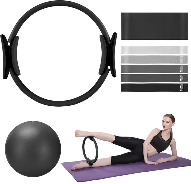 TOPZGLEEY Pilates Ring Set – 14" Anti-Deformation Magic Circle with Padded Handles, Mini Ball, 5 Resistance Bands, Guide, Pilates Equipment for Home Workout