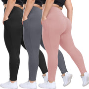 HLTPRO 3 Pack Plus Size Leggings with Pockets for Women - Black High Waisted Tummy Control Soft Yoga Pants for Gym Workout