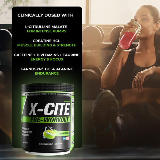 X-CITE Pre-Workout by ATHLEAN-X - Enhanced Formula with Beta-Alanine, Creatine & Caffeine for Ultimate Energy, Endurance, Focus & Muscle Pump, NSF Certified for Sports (22 Servings, Fruit Punch)