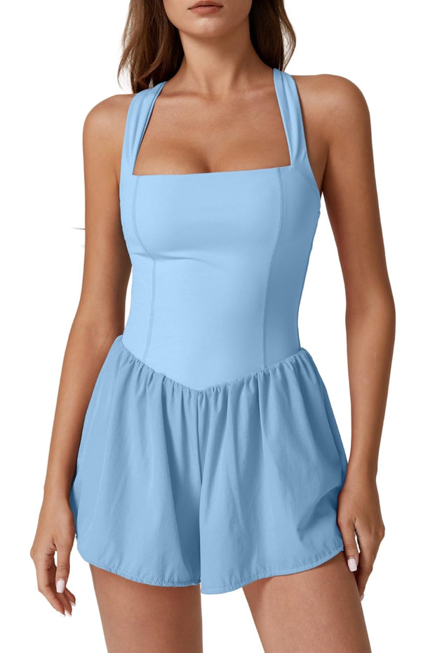 QINSEN Women's Square Neck Sleeveless Romper Jumpsuit Casual Summer One Piece Outfit with Pocket