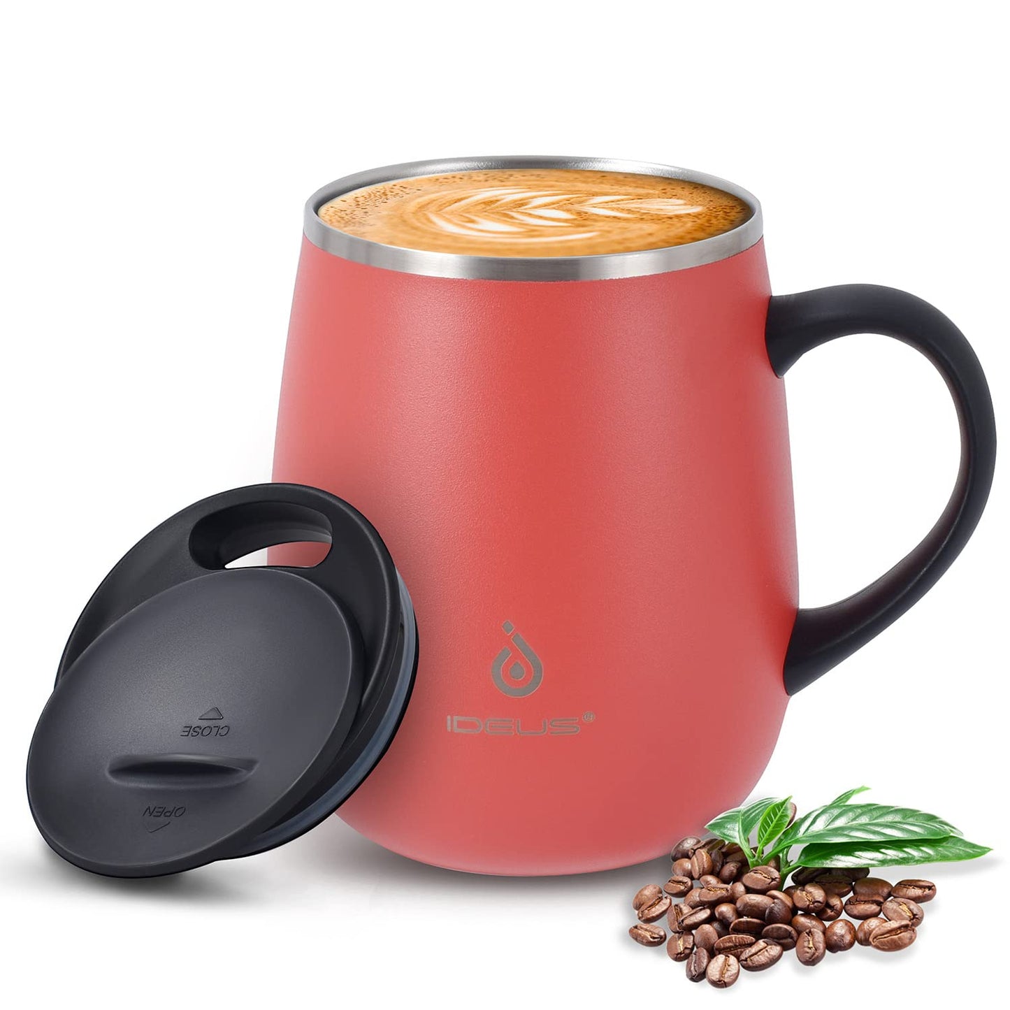 Ideus 16 oz Insulated Coffee Mug with Handle and Lid, Double Wall Stainless Steel Vacuum Thermal Coffee Mug, Travel Coffee Cup Thermal Cup for Home and Office, Storm Black