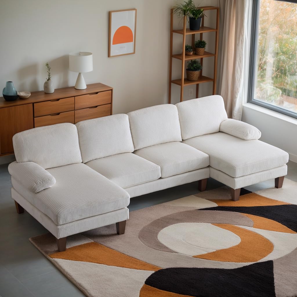 Karl home U-Shape Sectional Sofa Couch 111" Modern 4-Seat Sofa with Chaises Chenille Fabric Upholstered Covertible Couch with Wood Grain Legs for Living Room, Reception Room, Apartment, Beige