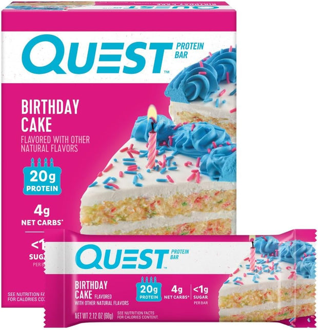 Quest Nutrition Birthday Cake Protein Bars, 20g Protein, 4g net Carbs, 1g Sugar, Gluten Free, Keto Friendly, 4 Count