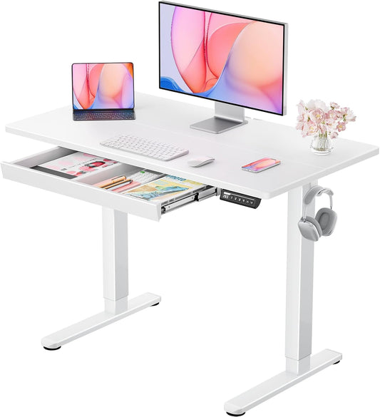 ErGear 44" x 24" Electric Standing Desk with Drawers, Height Adjustable Desk with 4 Preset Heights, Ergonomic Rising Home Office Computer Table with Splice Board, White