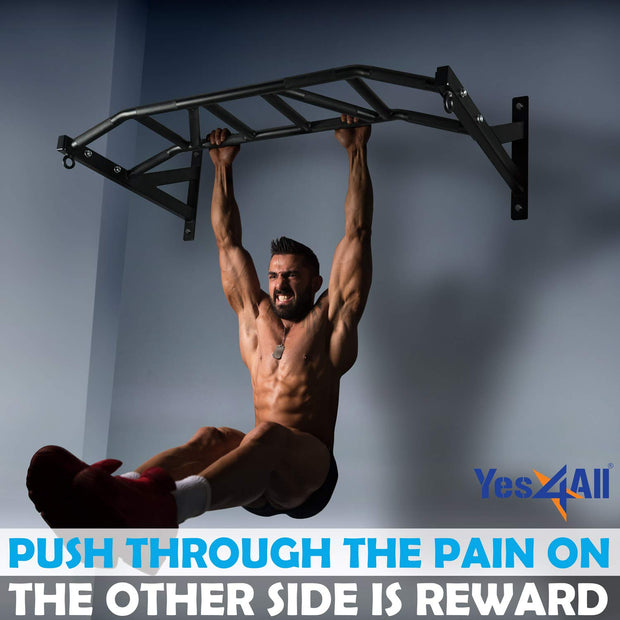Yes4All Multi-Grip Wall Mount Pull-Up Bar, 16 Inches & 24 Inches Reversible Stud and Wall Compatibility Mounted Pull Up Bar Design, Solid Construction Strength Training