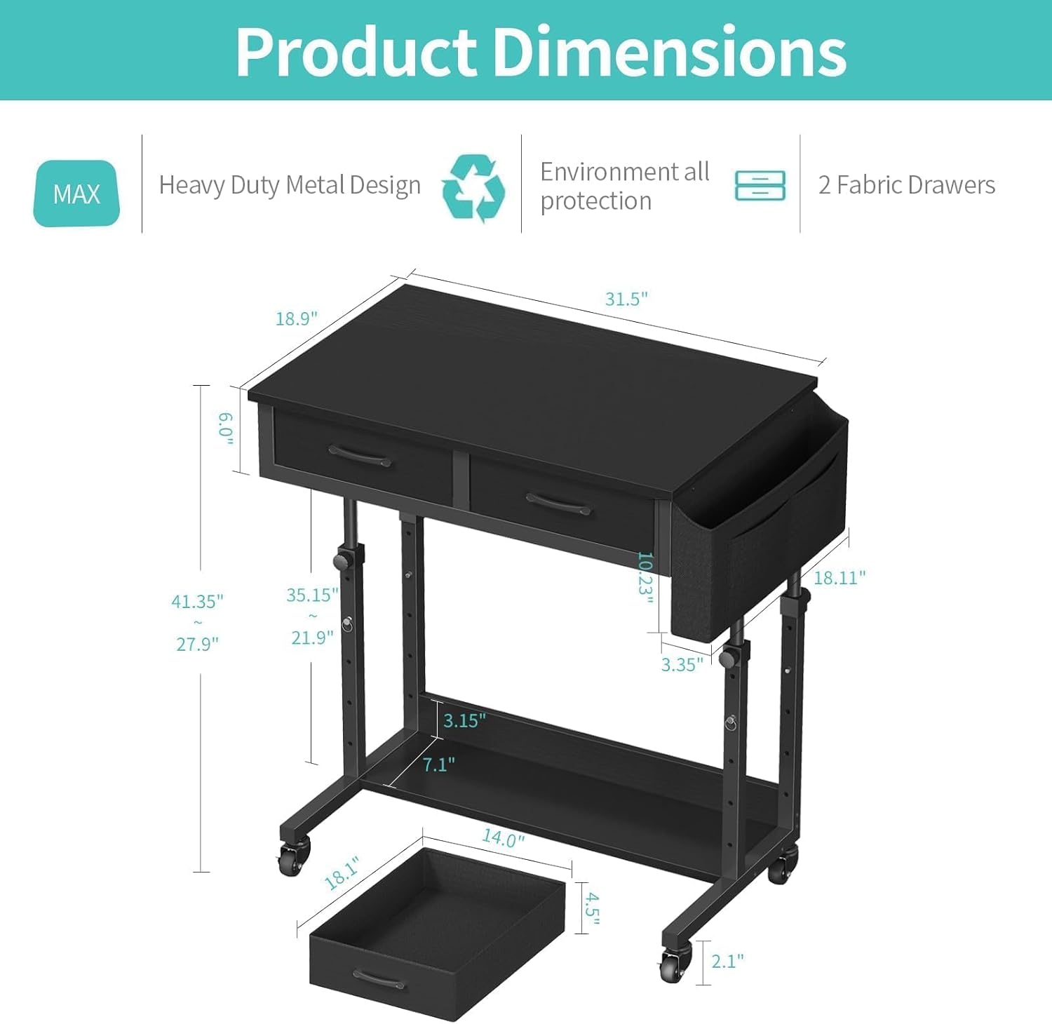Small Portable Rolling Standing Desk - 32 Inch Adjustable Mobile Teacher Stand Up Desks with 2 Fabric Drawers on Wheels for Classroom, Couch Sofa Side Laptop Table with Storage for Home Office, Black