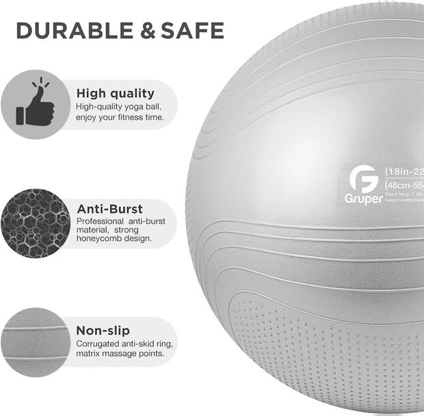 Yoga Ball, 18-30 Inch Extra Thick Exercise Ball for Workout Fitness Balance, Anti Burst Chair for Home and Office Desk, Includes Hand Pump & Workout Guide Access