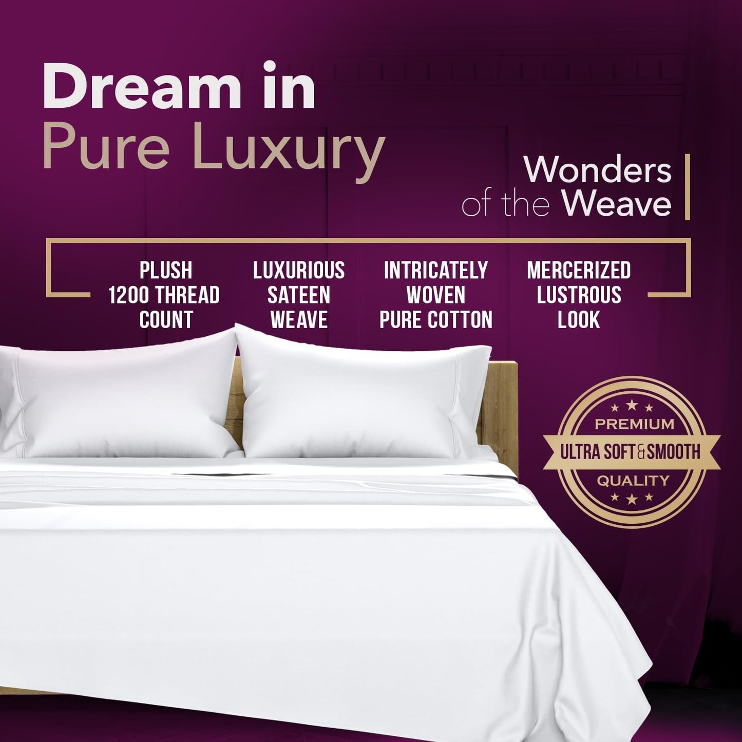 TEXAS LINEN CO. 100% Egyptian Cotton Sheets King Size Set - 1200 Thread Count Egyptian Cotton Luxury Sheets King Size, 17" Deep Pocket, Soft, Cooling Sateen Weave Hotel Quality Bedding Set - White