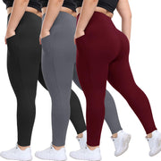 HLTPRO 3 Pack Plus Size Leggings with Pockets for Women - Black High Waisted Tummy Control Soft Yoga Pants for Gym Workout