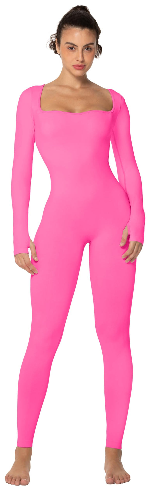 Sunzel Long Sleeve Bodysuits One Piece Jumpsuit for Women with Square Neck and Butt Scrunch Leggings Seamless Ribbed Rompers
