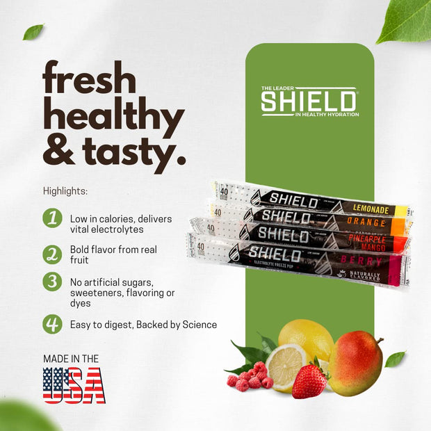 SHIELD Electrolyte Healthy Freeze Pops (3fl.oz) Variety of Natural Flavors from Real Fruit, Clear No Dyes No Artificial Sweeteners, Great Tasting Electrolyte Hydration (36 count)