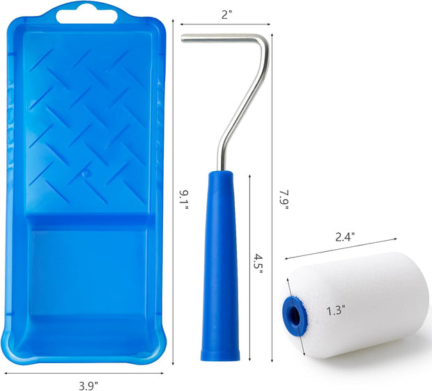 Mister Rui Foam Paint Roller, 8 Pack 4 Inch Paint Roller Kit, Complete 4" Mini Paint Roller Kit with Small Foam Paint Roller Covers, Frame, Tray and Liner for Professional Painting Results