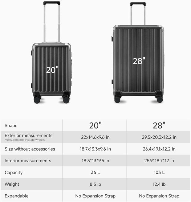 LUGGEX Luggage Sets with Spinner Wheels, 2 Piece (20/28) Aluminum Frame Zipperless Polycarbonate Hard Shell Suitcase Sets, Charcoal Metallic