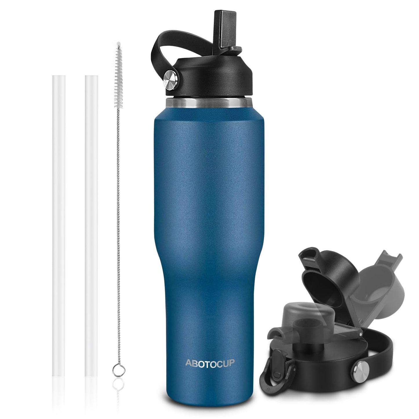 32oz Black Water Bottle Stainless Steel, Keep Cold 24H&Hot 12H, Water Bottle with Straw&Spout Lids, Insulated Water Bottle Double Wall Vacuum, Fit in Any Car Cup Holder, Leak-proof BPA Free