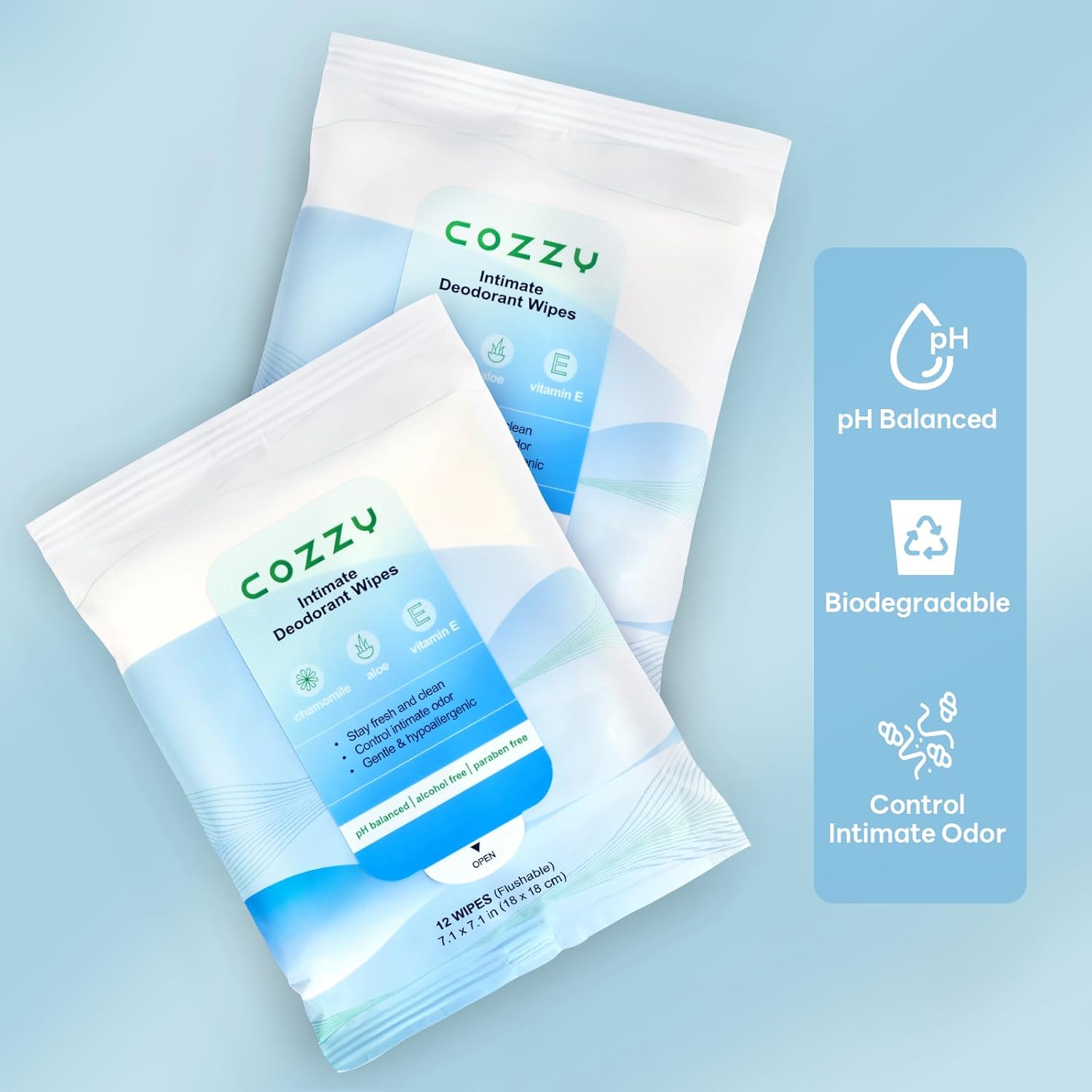 COZZY Intimate Deodorant Wipes - Flushable, Biodegradable, & Ph Balanced, Removes Odor - Gentle, All Skin Types, Alcohol Free, Paraben Free, Aluminum Free - 12 Count (Pack of 3)