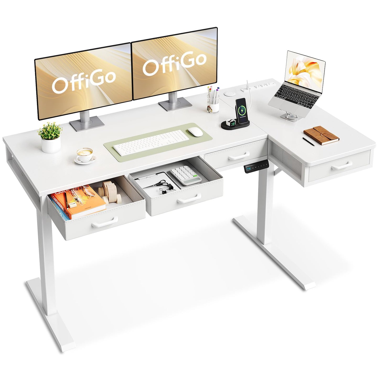 63 Inch L Shaped Electric Standing Desk with Drawers, Height Adjustable Large Desk with Power Outlets, Sit Stand Table, Writing Computer Desk for Home, Office, Workstation, Rustic Brown