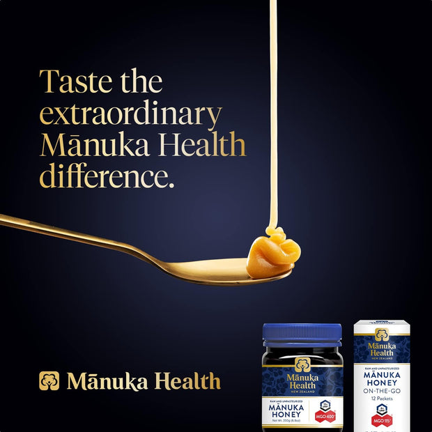 Manuka Health Bundle, UMF 13+/ MGO 400+ Manuka Honey (8.8oz Jar) and UMF 6+/MGO 115+ On-The-Go Packets (12 Count), Superfood, Authentic Raw Honey from New Zealand