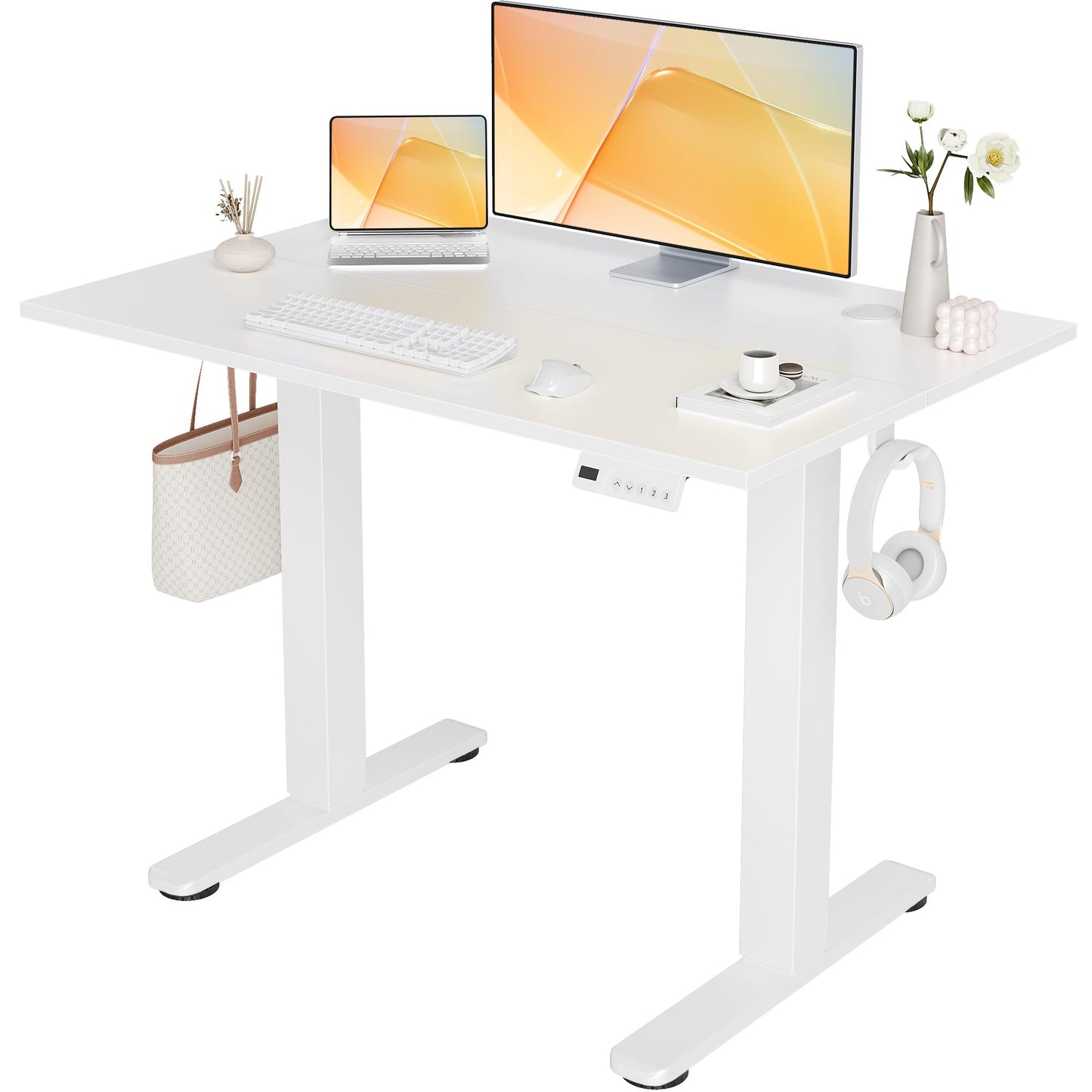 Seang Electric Standing Desk Adjustable Height, 40 x 24 Inch Sit Stand Desk with T-Shaped Frame, 3 Memory Presets & Cable Management for Home Office Computer Workstation, Black Frame/Black Top