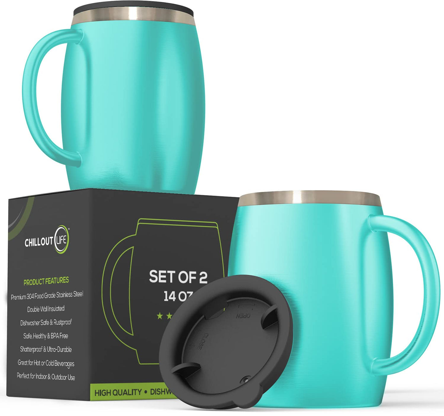 CHILLOUT LIFE Stainless Steel Insulated Coffee Mugs Set of 2 (14oz) – Double Wall Coffee Cups with Spill Resistant Lid & Strong Handle, Shatterproof Cups for Cold Drinks and Hot Beverages