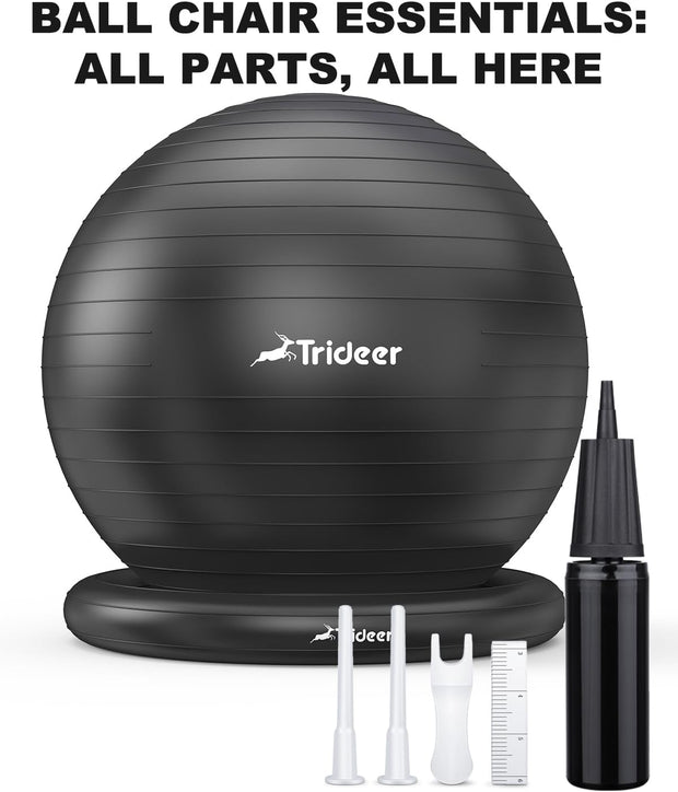 Trideer Exercise Yoga Ball Chair with Base for Home Office Desk, Stability & Fitness Ball Seat to Relieve Back Pain, Home Gym Workout for Abs, Pregnancy Ball with Pump