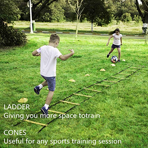 Speed Agility Training Kit-12 Rung 20Ft Agility Ladder, 5 Round Training Cones,Resistance Parachute, 4 metal Stakes & Carrying bag, football ladders for Faster Footwork and Better Movement Skills