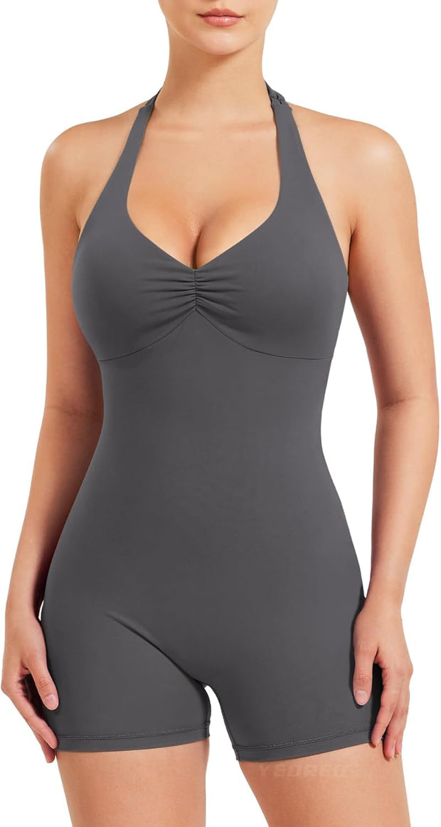 YEOREO Women Halter Workout Jumpsuits One Piece Backless Bodycon Bodysuits Hidden Scrunch V Back Yoga Joceline Short Romper