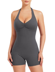 YEOREO Women Halter Workout Jumpsuits One Piece Backless Bodycon Bodysuits Hidden Scrunch V Back Yoga Joceline Short Romper