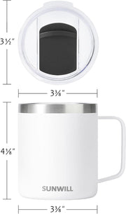 SUNWILL Insulated Coffee Mug with Lid, Travel Tumbler with Handle, 14 oz Stainless Steel Cup for Camping, Office, Home, Powder Coated White