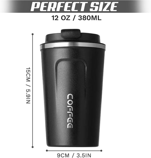 Travel coffee mugs leak-proof, reusable coffee cups with lids, stainless steel vacuum thermos coffee tumblers,thermal insulation cups for men and women keep hot & cold drinks(2nd-Black, 12OZ)