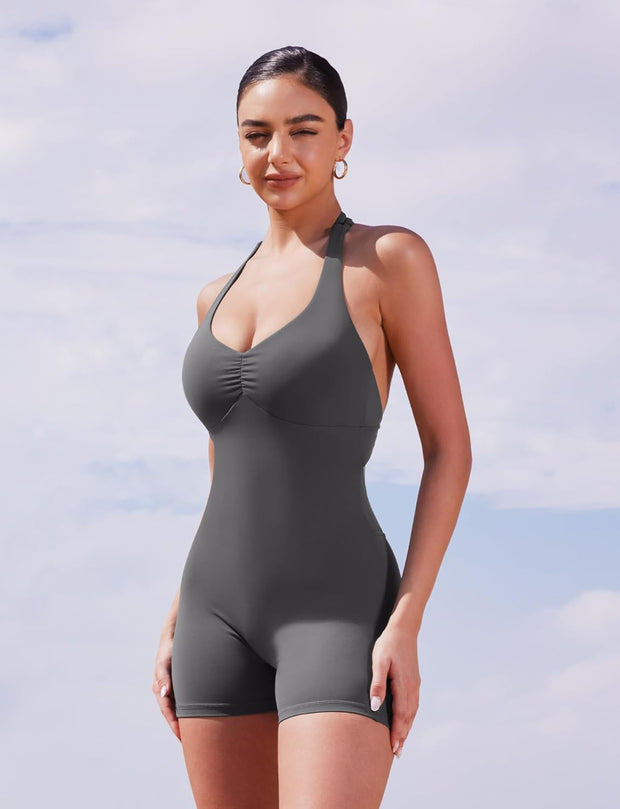 YEOREO Women Halter Workout Jumpsuits One Piece Backless Bodycon Bodysuits Hidden Scrunch V Back Yoga Joceline Short Romper