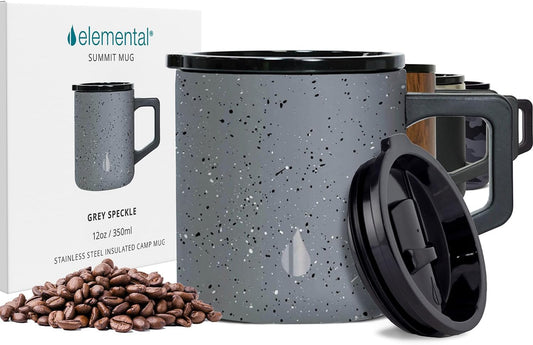 Elemental Insulated Coffee Mug - Triple-Wall Stainless Steel Summit Travel Cup for Hot and Cold Drinks - Thermal Coffee Mug with Lid and Handle for Camping, Office & Travel 12oz - Grey Speckle