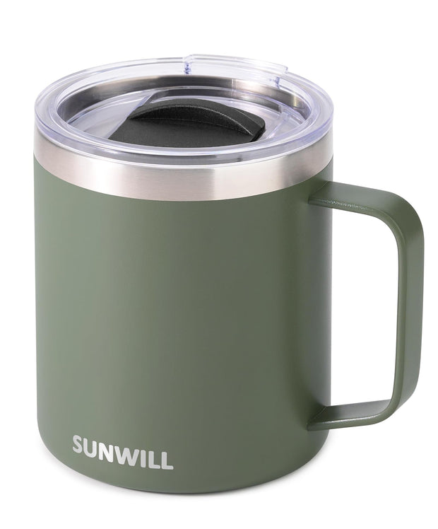 SUNWILL Insulated Coffee Mug with Lid, Travel Tumbler with Handle, 14 oz Stainless Steel Cup for Camping, Office, Home, Powder Coated White
