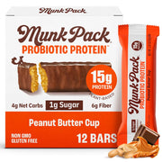 Munk Pack Peanut Butter Cup Probiotic Keto Protein Bars Stocking Stuffers | 15g Plant Protein, 1g Sugar, 4g Net Carbs | Non-GMO, Plant-Based, Low Sugar, Gluten-Free Snacks | 12 Count