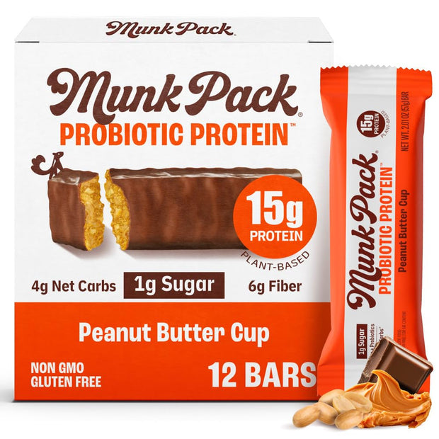 Munk Pack Peanut Butter Cup Probiotic Keto Protein Bars Stocking Stuffers | 15g Plant Protein, 1g Sugar, 4g Net Carbs | Non-GMO, Plant-Based, Low Sugar, Gluten-Free Snacks | 12 Count