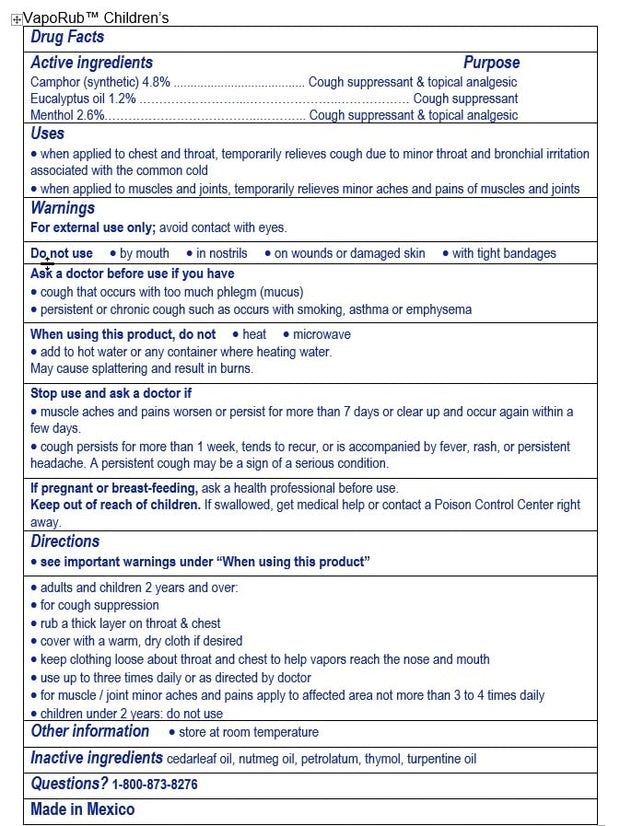 Vicks Children's VapoRub, Topical Cough Suppressant and Analgesic, Relieves Coughs and Minor Aches and Pains, Clinically Proven, Starts Working in Minutes for Fast Relief, For Children Ages 2+, 1.76oz