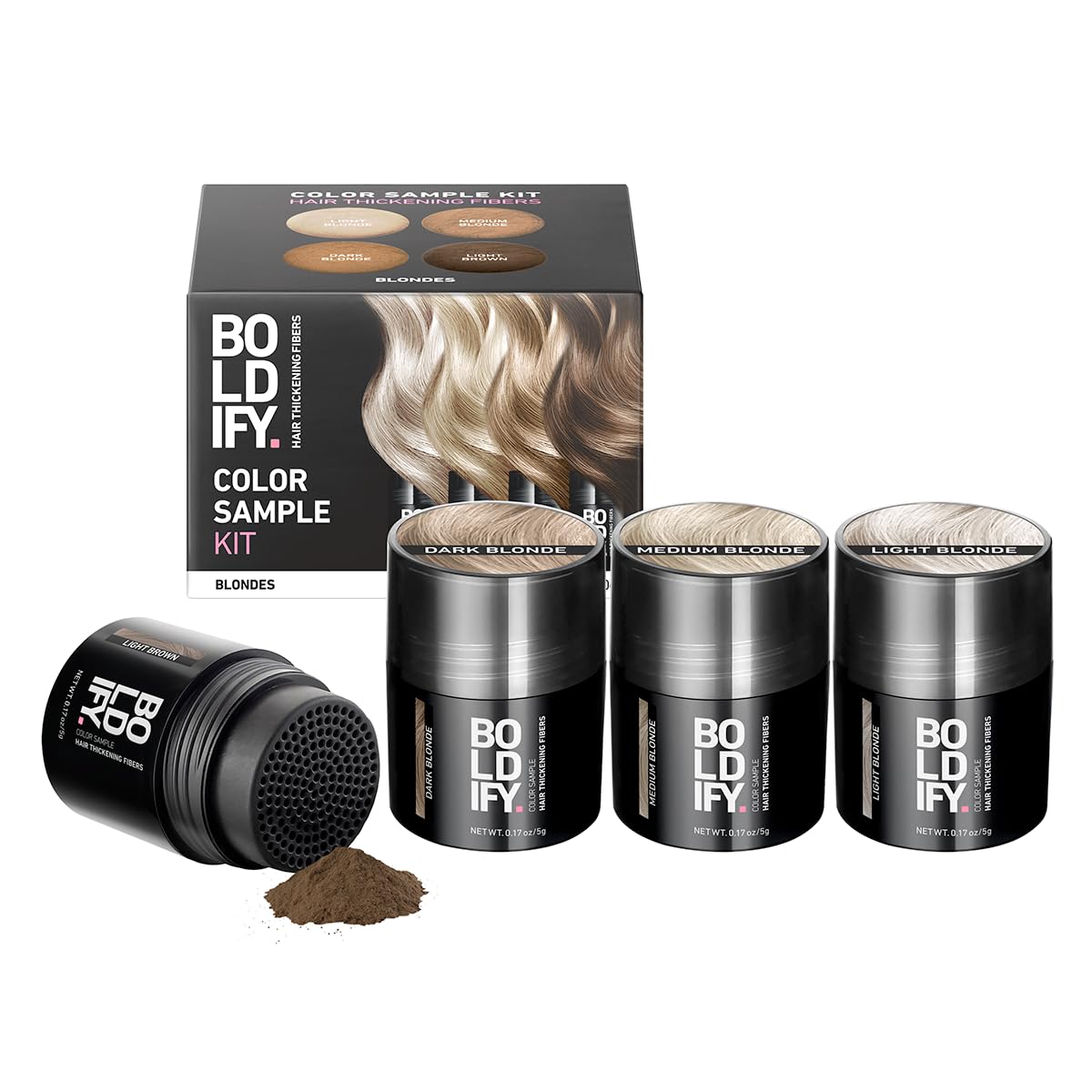 BOLDIFY Hair Fibers (Color Discovery Kit) - Fill In Thinning and Fine Hair for an Instantly Fuller, Thicker Look - 14 Shades for Women & Men - Dark Browns + Black