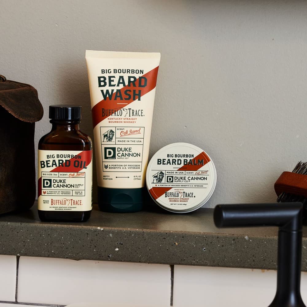 Duke Cannon Supply Co. Big Bourbon Beard Care Collection Gift Bundle (3 Piece Set) - Beard Wash, Balm and Oil (Oak Barrel Scent)