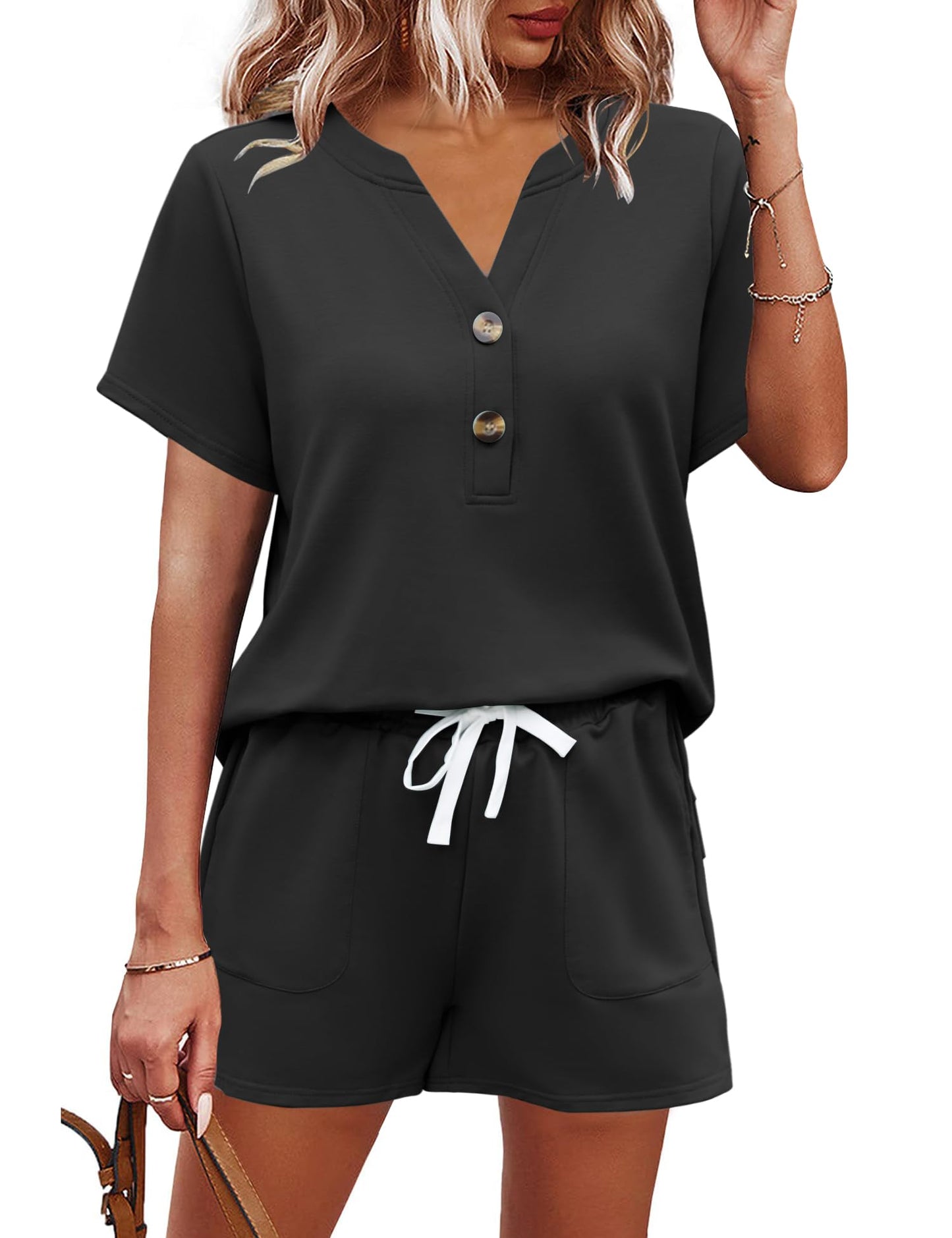 AKEWEI Womens Two Piece Outfits Summer Lounge Sets Tracksuit V Neck Buttons Down Tops and Shorts Set with Pockets