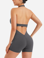 YEOREO Women Halter Workout Jumpsuits One Piece Backless Bodycon Bodysuits Hidden Scrunch V Back Yoga Joceline Short Romper