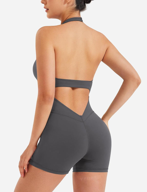 YEOREO Women Halter Workout Jumpsuits One Piece Backless Bodycon Bodysuits Hidden Scrunch V Back Yoga Joceline Short Romper