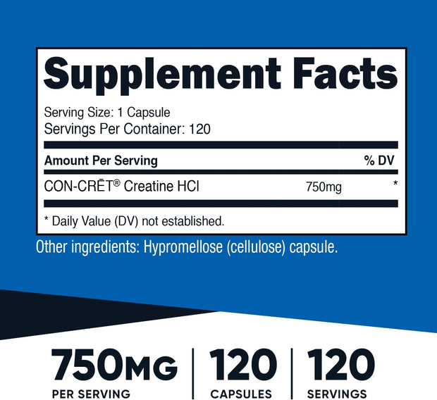 Nutricost Creatine HCl 120 Capsules - Made with CON-CRET Creatine, 750 MG Per Capsule
