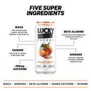 Lucky Energy Sugar Free Energy Drinks 16 Fl Oz Cans (12-Pack) Orange Drizzle with Maca, Ginseng, Taurine, Beta-Alanine, 200mg Caffeine
