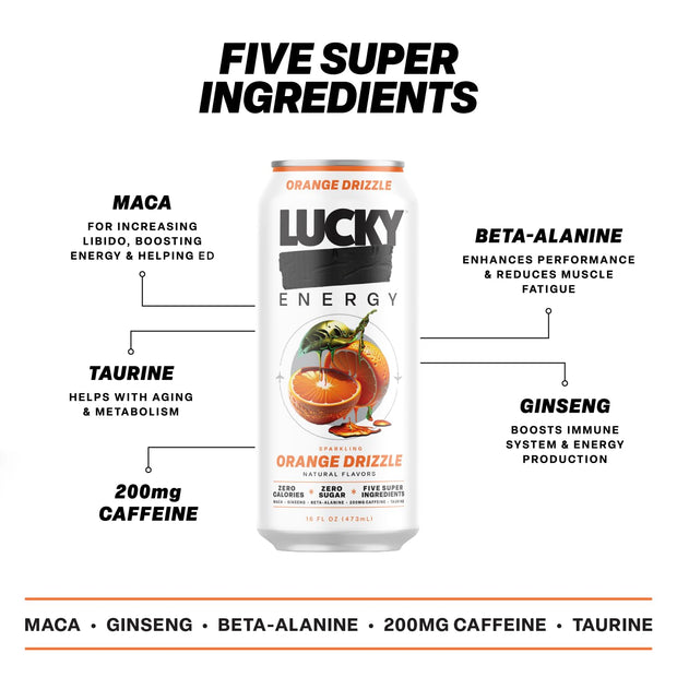 Lucky Energy Sugar Free Energy Drinks 16 Fl Oz Cans (12-Pack) Orange Drizzle with Maca, Ginseng, Taurine, Beta-Alanine, 200mg Caffeine