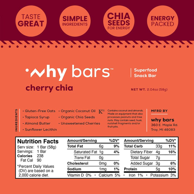 Superfood Protein Bar, Cherry Chia, 2.04 Ounce Bars (Pack of 12 Protein Bars) - Protein Bar Superfood, Gluten Free, Non GMO, Organic, Vegan, Simple Ingredients
