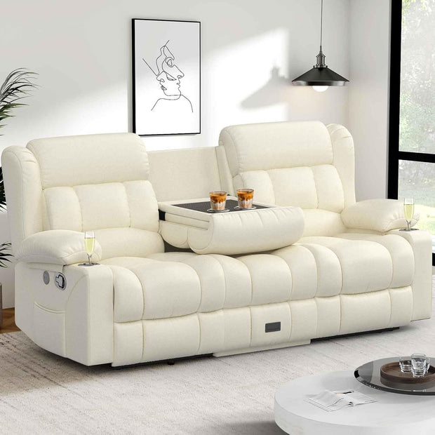 Loveseat Recliner Sofa, Flip Middle Backrest Design PU Leather 3 Seat Reclining Sofa with Storage Drawer, Manual Couch for Living Room (Ivory White, PU)