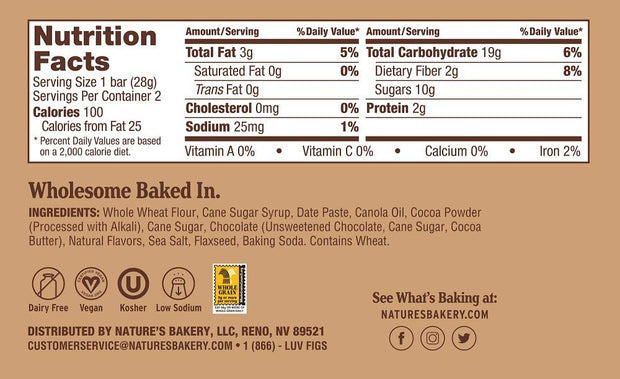 Nature’s Bakery Whole Wheat Fig Bars, Double Chocolate Brownie, Real Fruit, Vegan, Non-GMO, Snack bar, 1 box with 12 twin packs (12 twin packs)