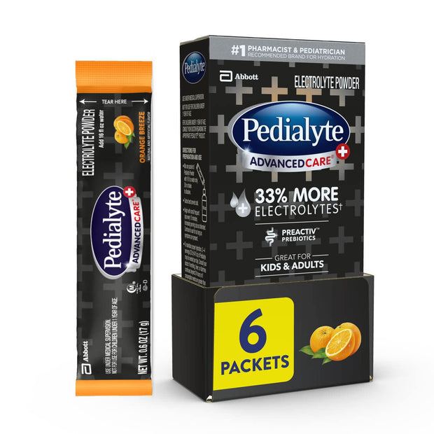 Pedialyte AdvancedCare Plus Electrolyte Powder, Has 33% More Electrolytes and PreActiv Prebiotics, Berry Frost, 18 Powder Packets