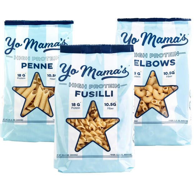 Yo Mama's Foods High Protein High Fiber 3 Variety Pasta (Fusilli, Penne and Elbow) | (3) 10.6 Ounce Bags. | Plant Based, Low Glycemic, and Gluten Free with Clean Ingredients