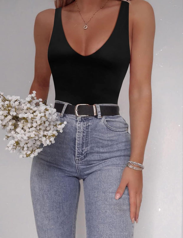 SAUNGKUAI Women’s Bodysuit Sexy Plunge Deep V Neck Backless Sleeveless Tank Thong Body Suits Outfits for Going Out